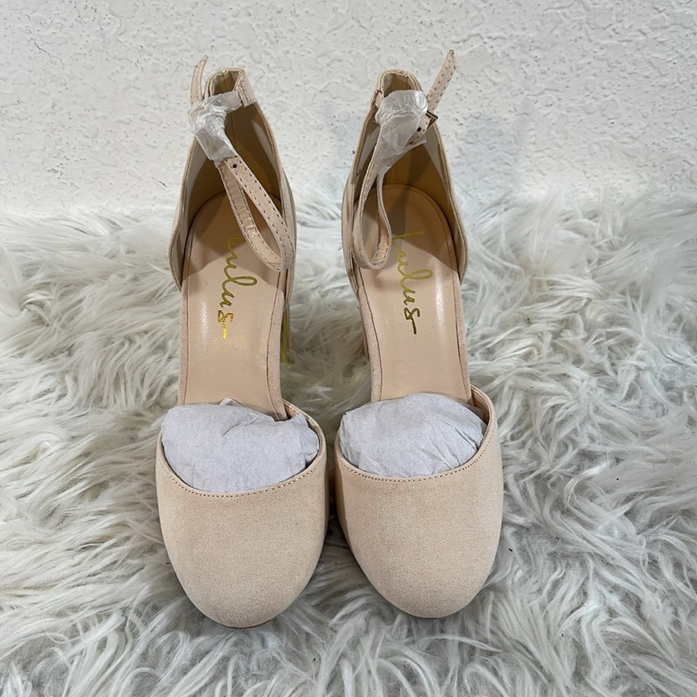 LULUS Laura Light Nude Suede Ankle Strap Chunky Heels Size 5.5 NEW - Picture 2 of 15